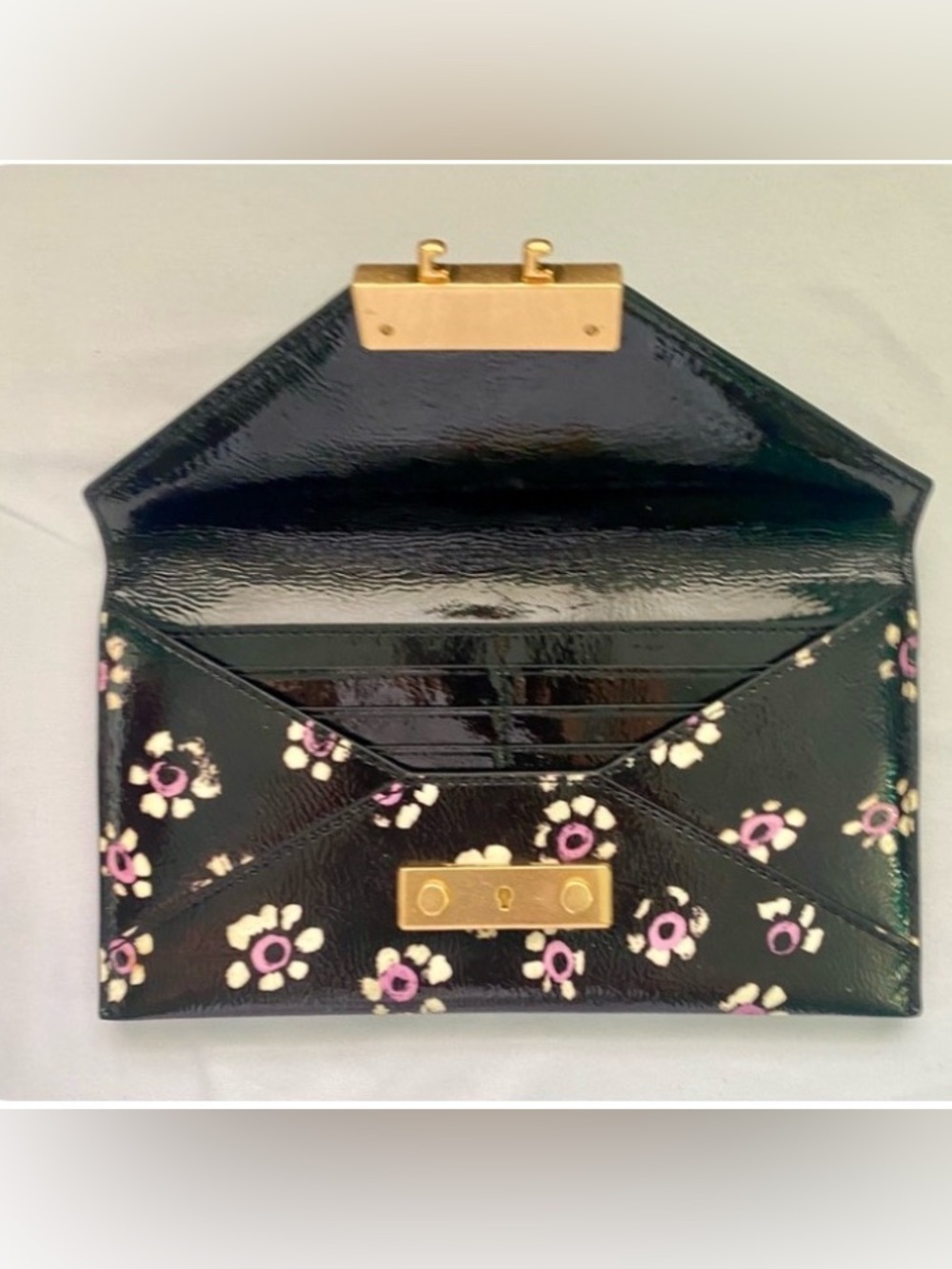 Tory Burch Black Floral Patent Envelope wallet with Gold Hardware